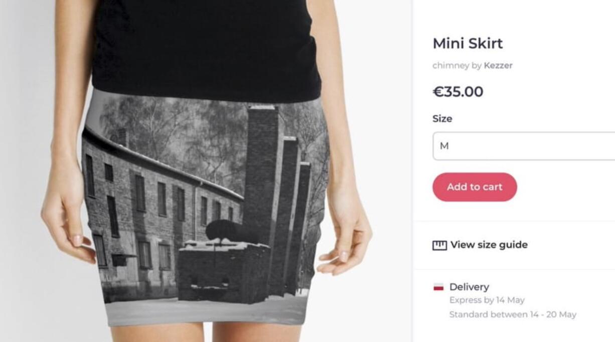 An image made Wednesday from the website of an online vendor shows an Auschwitz-themed miniskirt for sale.