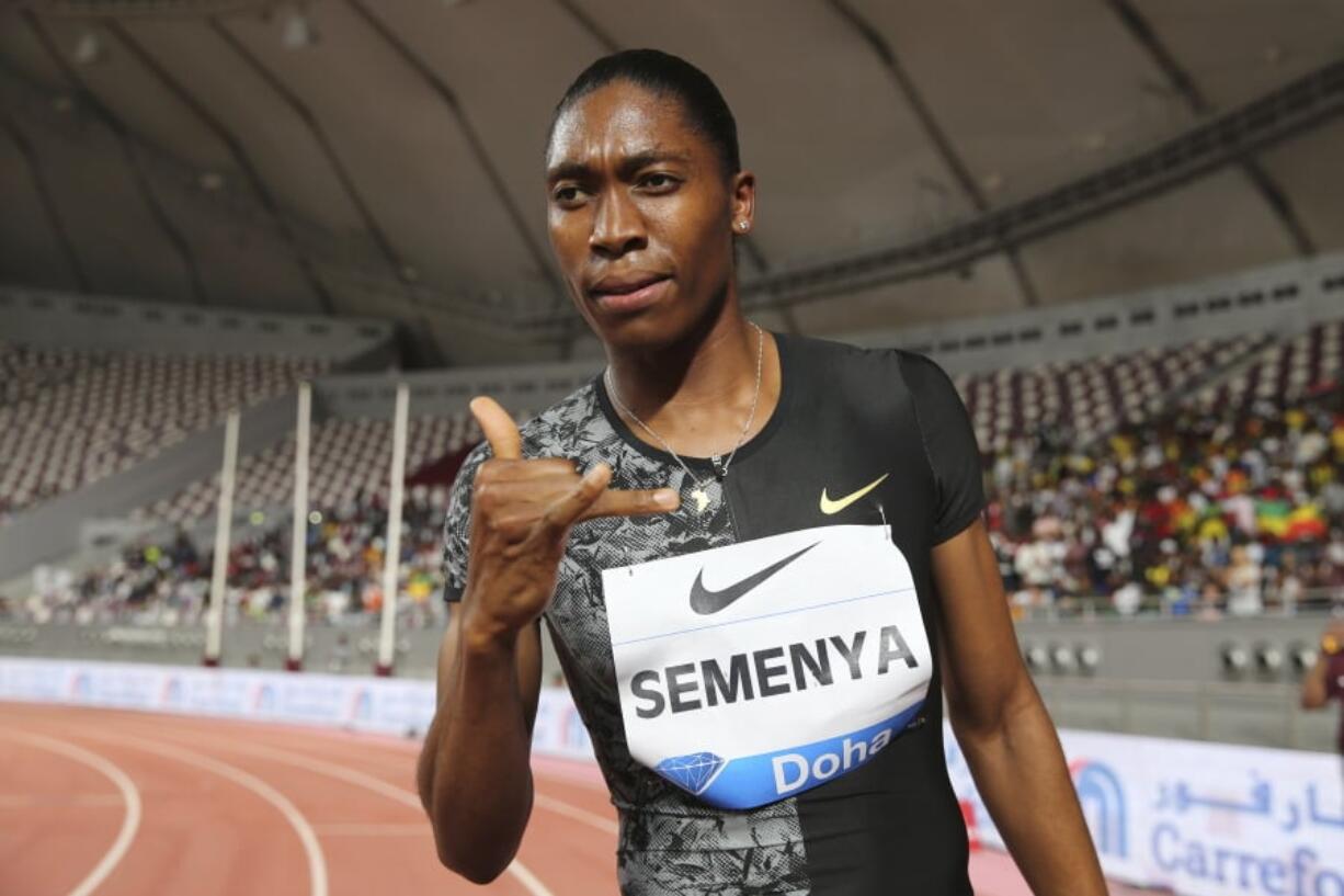 South Africa’s Caster Semenya celebrates after winning the gold in the women’s 800-meter final during the Diamond League in Doha, Qatar, Friday, May 3, 2019.