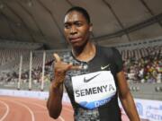 South Africa’s Caster Semenya celebrates after winning the gold in the women’s 800-meter final during the Diamond League in Doha, Qatar, Friday, May 3, 2019.