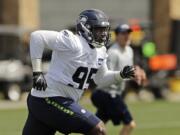 Seattle Seahawks defensive end L.J. Collier runs a drill during NFL football rookie minicamp, Friday, May 3, 2019, in Renton, Wash. (AP Photo/Ted S.