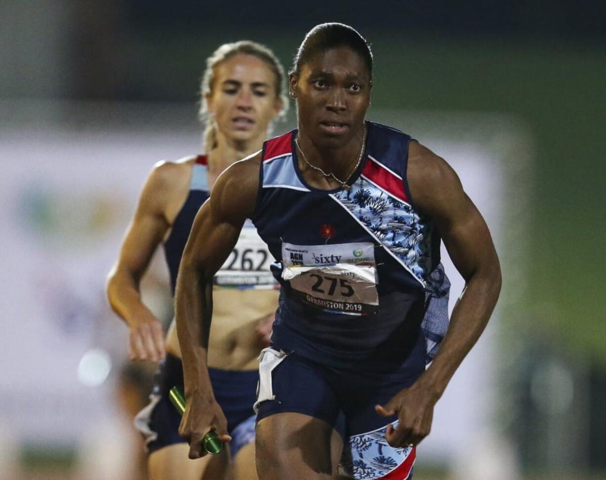 In this photo taken Saturday April 27, 2019, South Africa’s athlete Caster Semenya competes in an event at a meeting in Johannesburg.