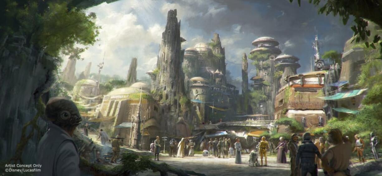 This rendering released by Disney and Lucasfilm shows the planned Black Spire Outpost, a village on the planet of Batuu that will be part of a 14-acre expansion project called Star Wars: Galaxy’s Edge, set to open this summer at the Disneyland Resort in Anaheim, California, then in the fall at Disney’s Hollywood Studios in Orlando, Florida. The lands will include two signature attractions: Millennium Falcon: Smugglers Run and Star Wars: Rise of the Resistance.