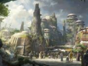 This rendering released by Disney and Lucasfilm shows the planned Black Spire Outpost, a village on the planet of Batuu that will be part of a 14-acre expansion project called Star Wars: Galaxy’s Edge, set to open this summer at the Disneyland Resort in Anaheim, California, then in the fall at Disney’s Hollywood Studios in Orlando, Florida. The lands will include two signature attractions: Millennium Falcon: Smugglers Run and Star Wars: Rise of the Resistance.