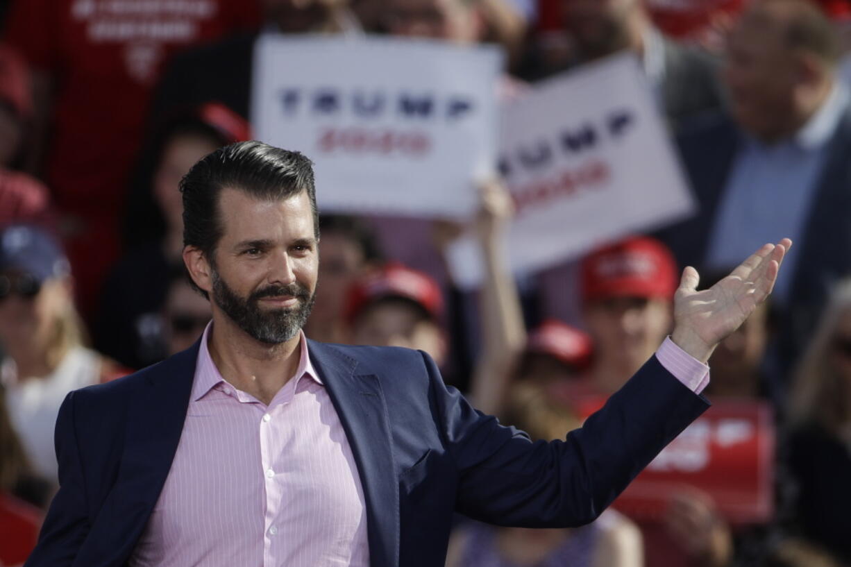 Donald Trump Jr., gestures at a rally for his father, President Donald Trump in Montoursville, Pa., Monday, May 20, 2019.