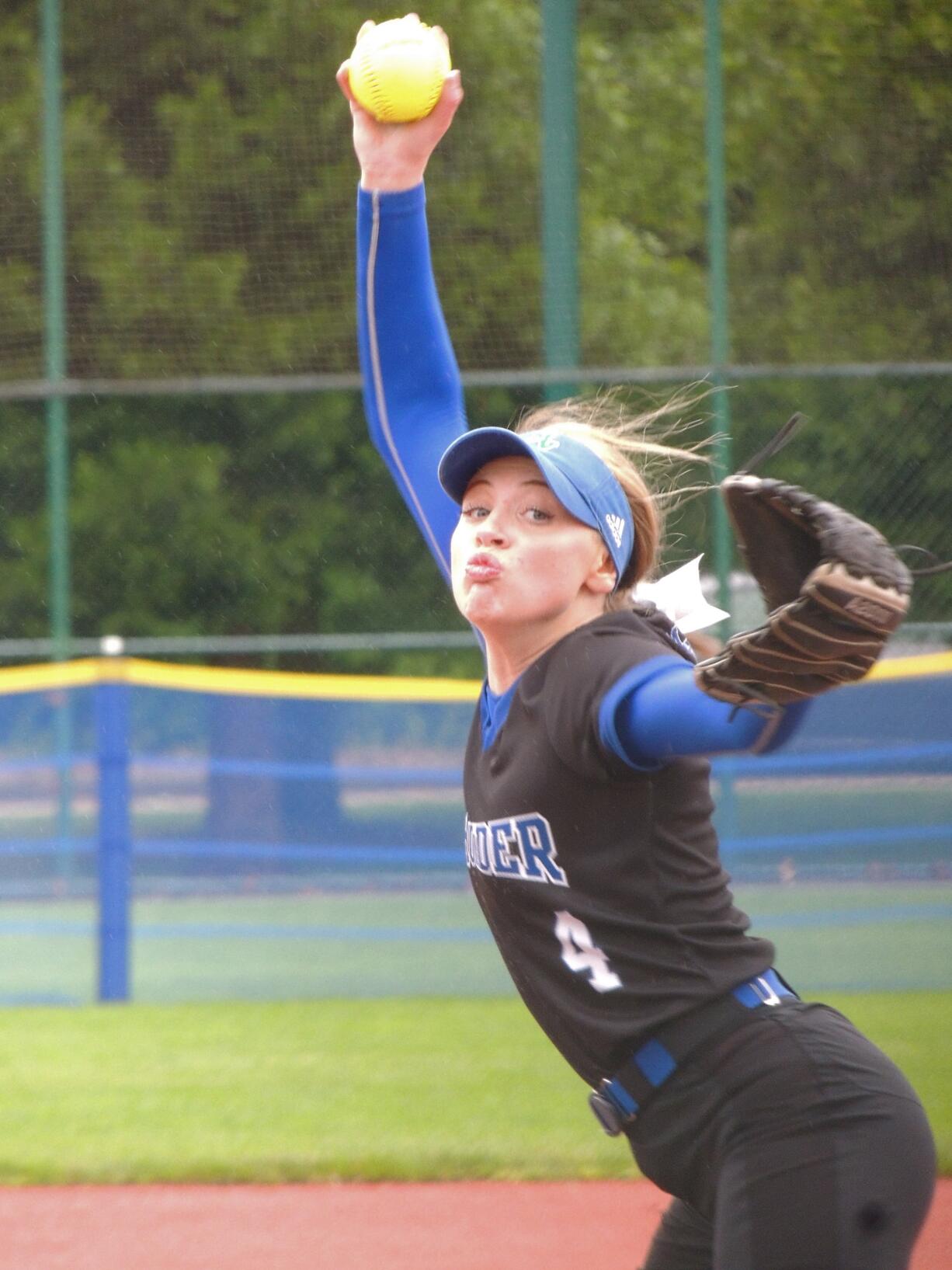 Mountain View junior pitcher Sydney Brown throws a pitch during the Thunder's 3-1 loss to the Yelm Tornadoes Saturday at the 3A state softball tournament at the RAC in Lacey.