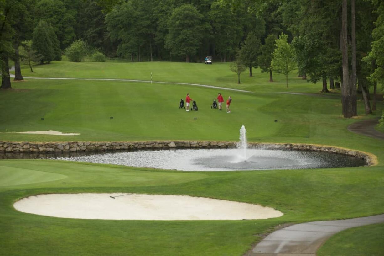 The 18th hole at Camas Meadows golf course.