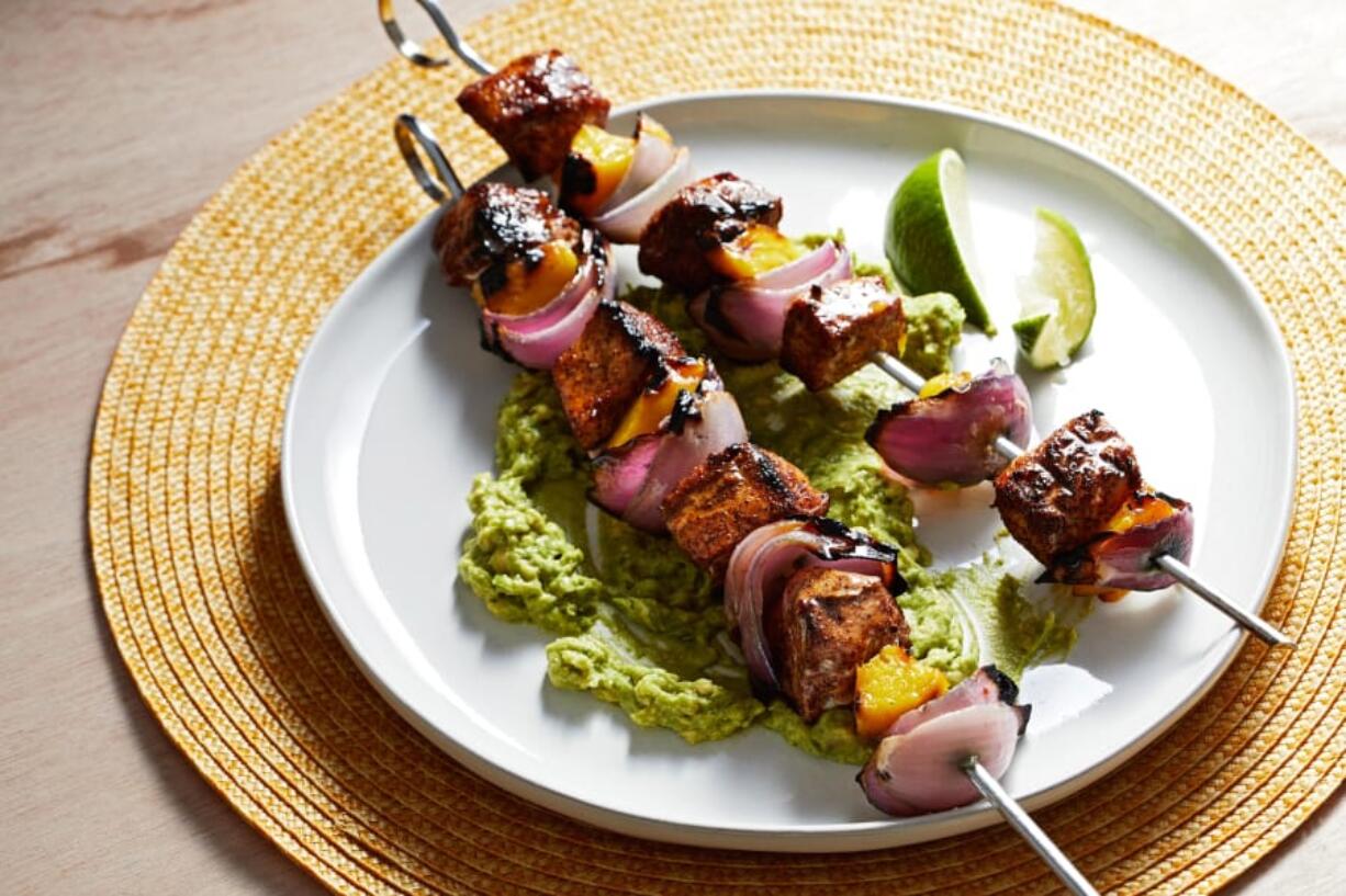 Chili-Lime Pork and Mango Skewers with Avocado Mash. MUST CREDIT: Photo by Tom McCorkle for The Washington Post.