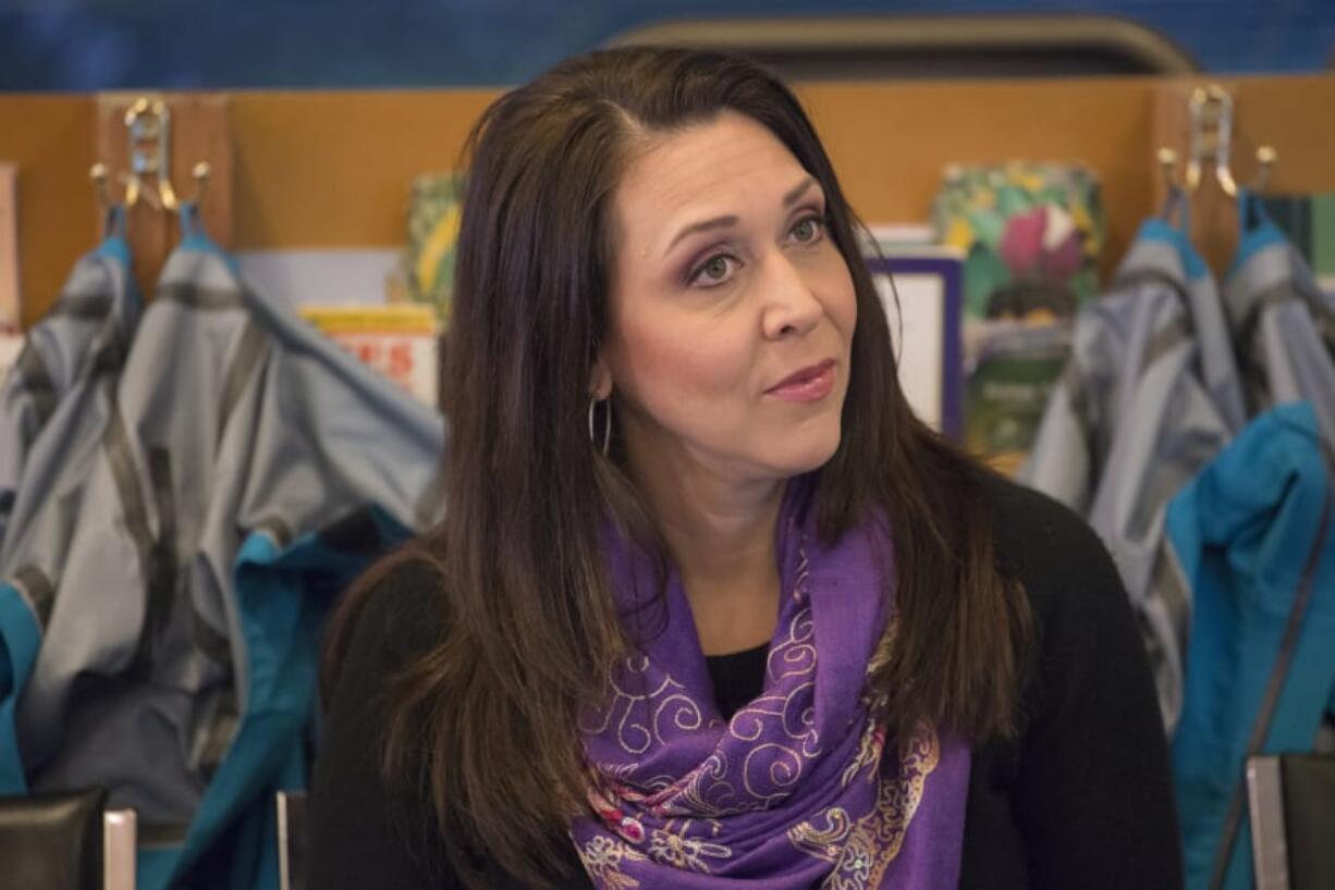 U.S. Rep. Jaime Herrera Beutler, R-Battle Ground, listens to a student presentation as part of the congressional app challenge Feb. 20 at the Columbia Springs Education and Natural Area.