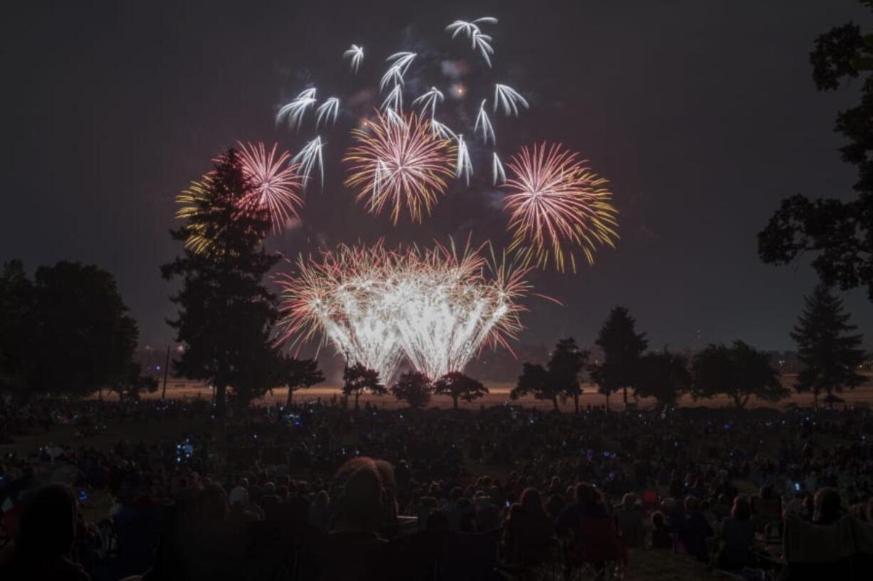 Fireworks light the night sky above Fort Vancouver National Historic Site and Pearson Field in 2018.