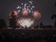 Fireworks light the night sky above Fort Vancouver National Historic Site and Pearson Field in 2018.