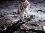 Astronaut Edwin E. Aldrin Jr. walks near the Lunar Module during the Apollo 11 extravehicular activity July 20, 1969, on the moon.