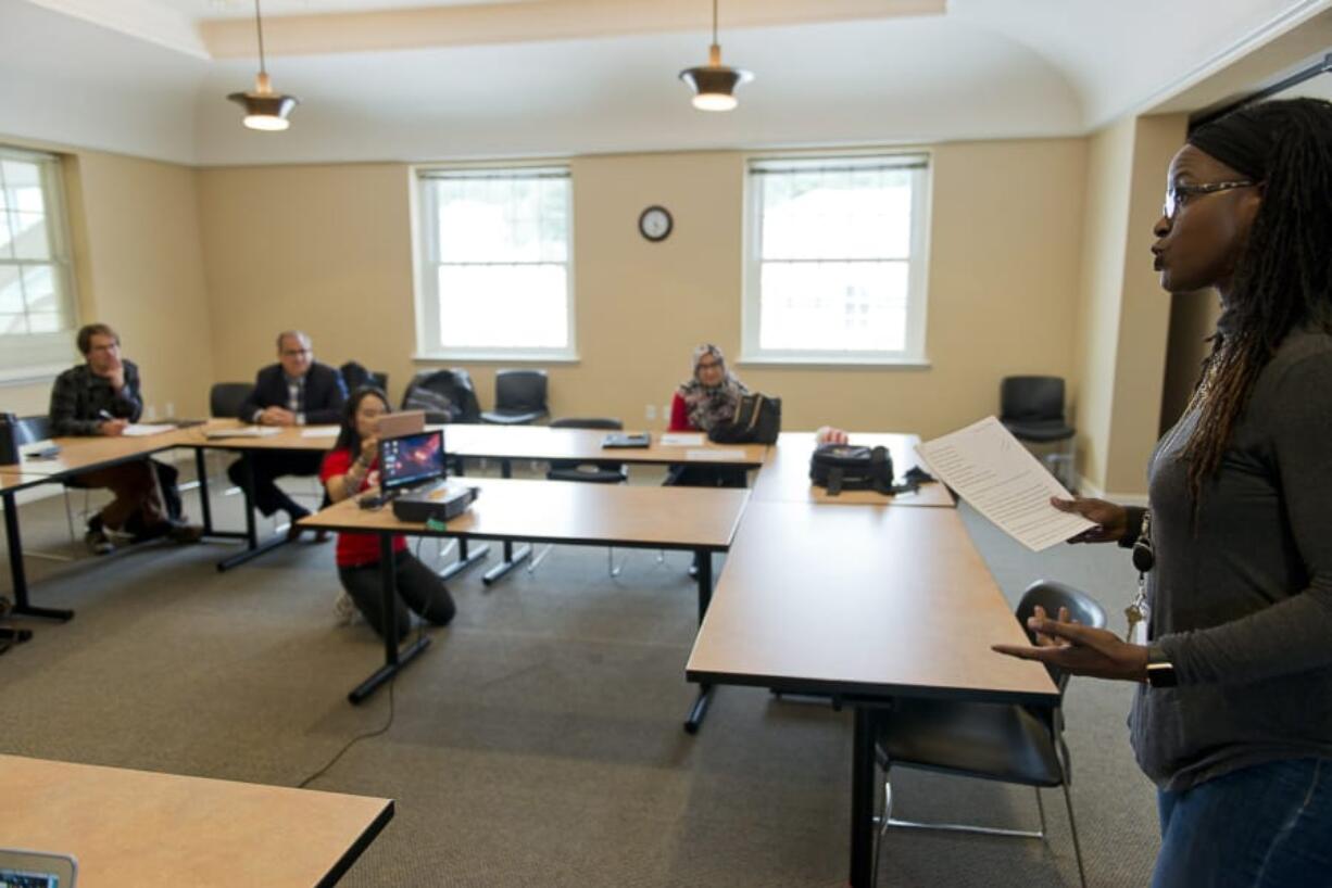 Camas School District Assistant Superintendent Charlene Williams, right, rehearsing her TED talk last month at the Camas Public Library. She and other staffers started a new professional development series this year, and one event was a semester-long discussion group on race.