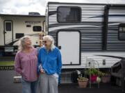 Glenda Peck, left, and her mother, Edith Perrone, are next-door neighbors at the new Ridgefield Fairgrounds RV Park in Ridgefield. They were two of the first people to move into the park when it opened earlier this month, and they got spots right next to each other. “We talk out the window to each other when it’s cold,” Peck joked.