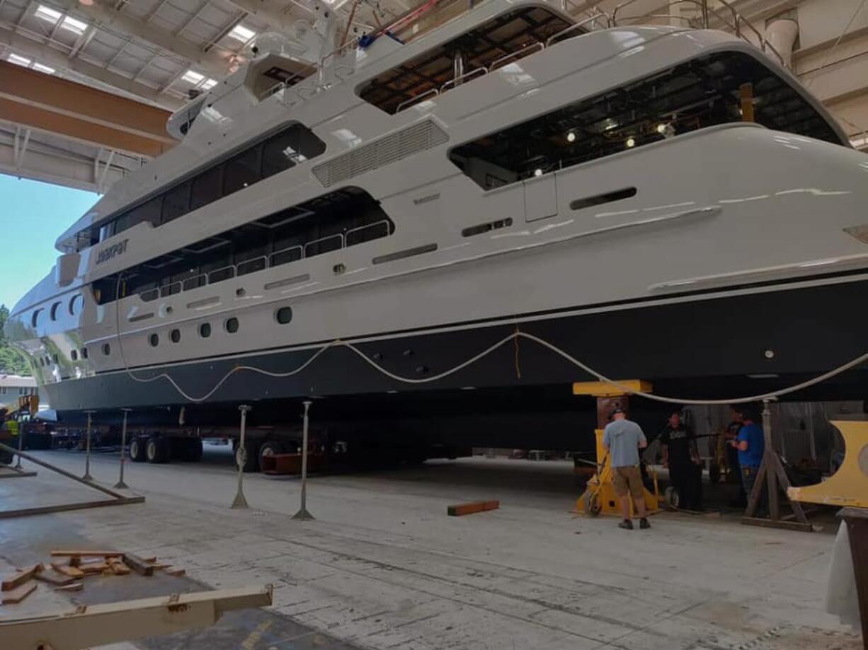 One of the two final yachts at Christensen Shipyards in Vancouver is prepped for its move to a nearby marina launch ramp this week.