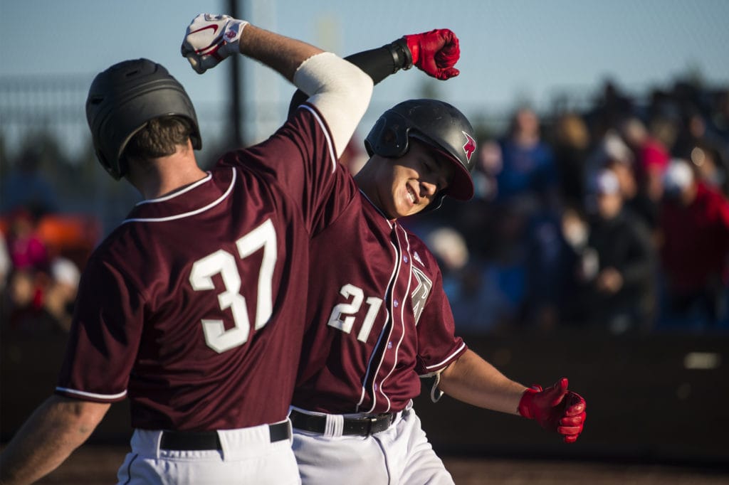 Ridgefield's Steve Ramirez (21) celebrates scoring against the Port Angeles Lefties at the Ridgefield Outdoor Recreation Complex on Friday night, June 14, 2019.