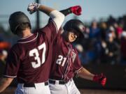 Ridgefield's Steve Ramirez (21) celebrates scoring against the Port Angeles Lefties at the Ridgefield Outdoor Recreation Complex on Friday night, June 14, 2019.