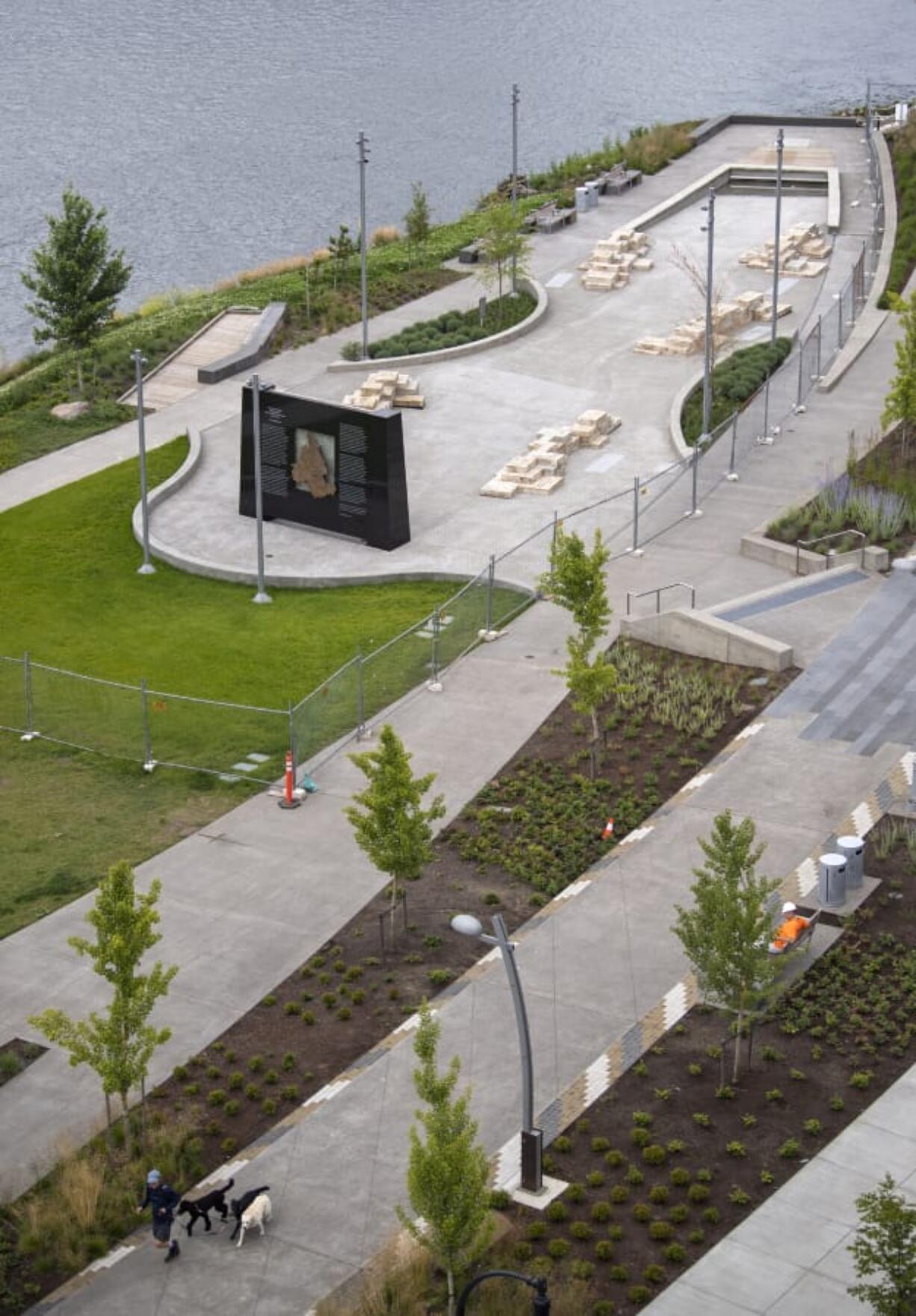 Construction is complete at the water feature at The Waterfront Vancouver development, seen Wednesday.