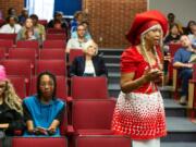 Marsha Joslin of Vancouver speaks during a panel discussion in Foster Hall.