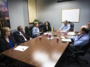 The Columbian's Editorial Board meets with, from left, Lisa Messer, Robert Stewart, Kathy Decker and Lindsey Luis, candidates for the Vancouver Public Schools Board of Directors, Position 4.