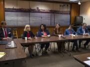 Six of the seven candidates for Vancouver City Council Position 6 meet with The Columbian’s Editorial Board on Tuesday: Mike Pond, from left, Jeanne Stewart, Diana Perez, Sarah Fox, Adam Aguilera and Paul Montague. Not pictured is Dorel Singeorzan, who was unable to attend the meeting.