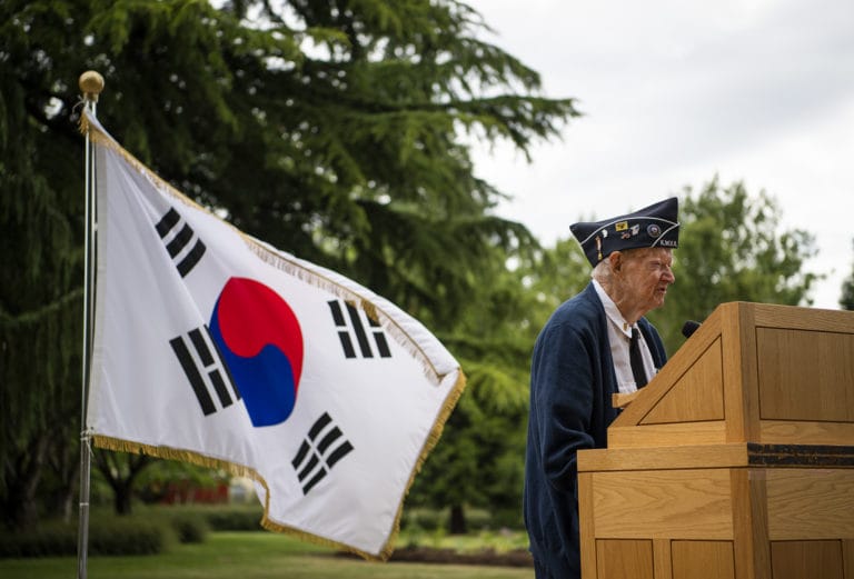 Commander Ralph Hager addresses the crowd during the remembrance ceremony for the 69th anniversary of the Korean War at the Clark County Korean War monument on the Vancouver Veterans Affairs campus on Tuesday, June 25, 2019.