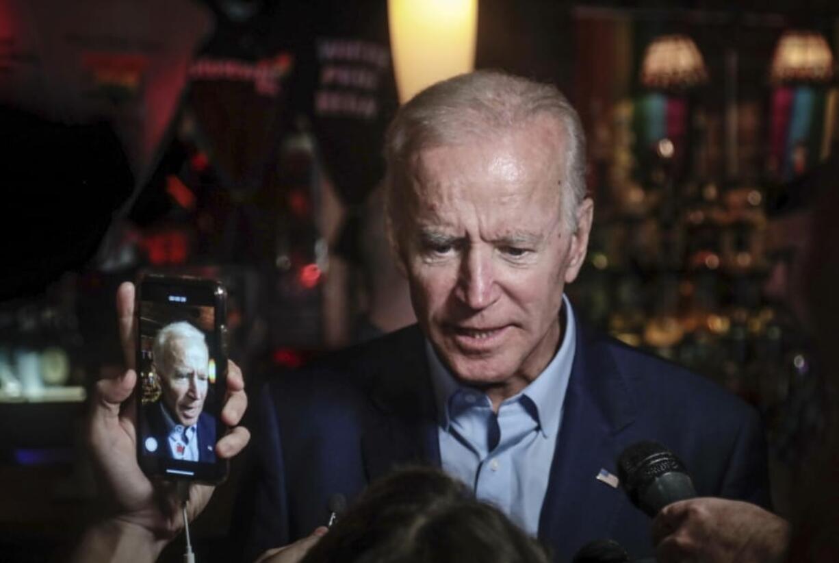 Former Vice President and 2020 Democratic presidential candidate Joe Biden addresses patrons and media during a visit to the Stonewall Inn, Tuesday, June 18, 2019, in New York. Biden paid a visit to the Stonewall Inn ahead of the 50th anniversary of an uprising that helped spark the gay rights movement.