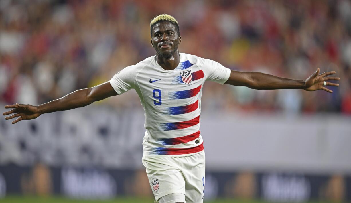 U.S. forward Gyasi Zardes celebrates after scoring a goal against Trinidad and Tobago during the second half of a CONCACAF Gold Cup soccer match Saturday, June 22, 2019, in Cleveland. The United States won 6-0.