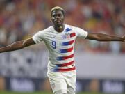 U.S. forward Gyasi Zardes celebrates after scoring a goal against Trinidad and Tobago during the second half of a CONCACAF Gold Cup soccer match Saturday, June 22, 2019, in Cleveland. The United States won 6-0.