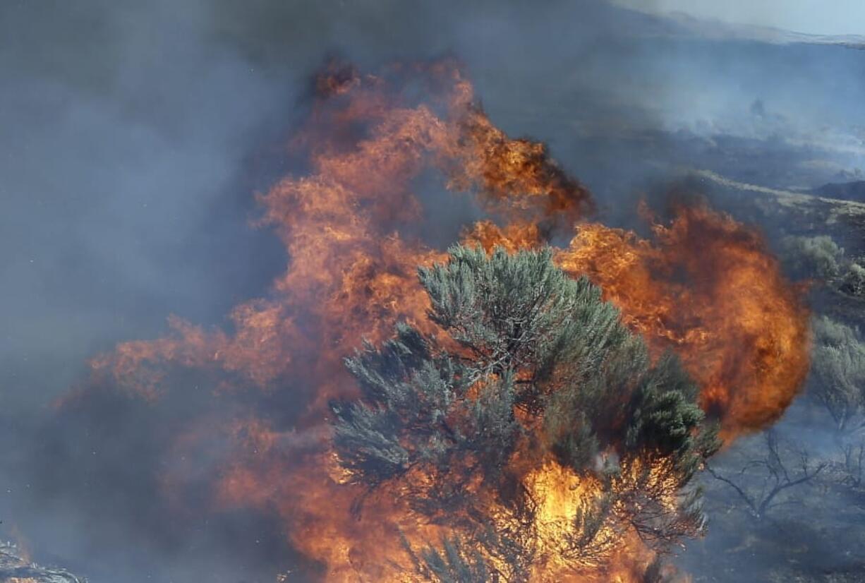 Fire engulfs sagebrush in 2015 near Roosevelt. Federal officials have released a plan intended to reduce the size of giant rangeland wildfires that have become an increasing problem in the Great Basin.