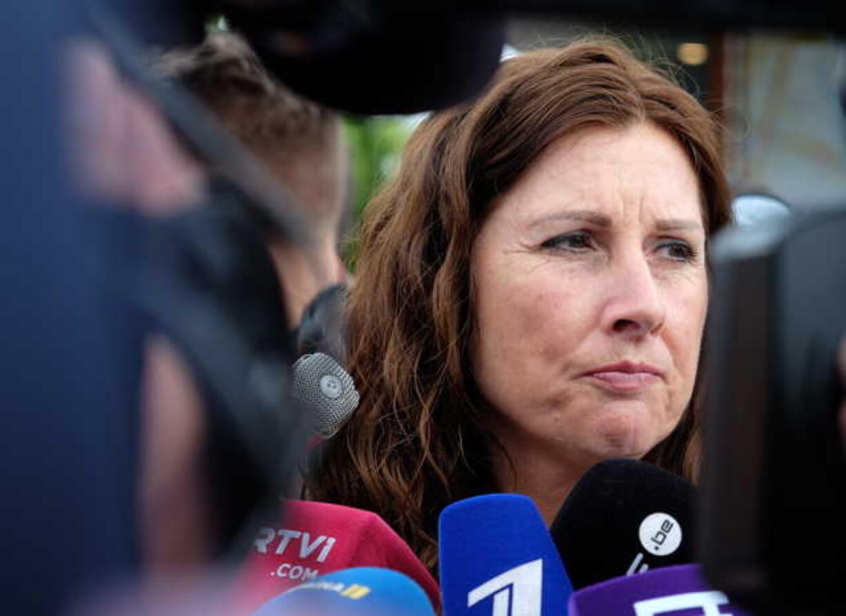 Silene Fredriksz-Hoogzand speaks to the media in Nieuwegein, Netherlands, on Wednesday, June 19, 2019, after being informed by international prosecutors that four suspects have been identified in the international criminal investigation into the downing of Malaysia Airlines Flight 17. Fredriksz-Hoogzand's son Bryce and his girlfriend, Daisy Oehlers, were among 298 passengers and crew killed when the flight from Amsterdam to Kula Lumpur was shot down over eastern Ukraine on July 17, 2014.