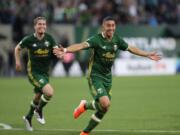 Portland Timbers' Marvin Loria (44) celebrates a first-half goal against the Houston Dynamo during an MLS soccer match Saturday, June 22, 2019, in Portland, Ore.