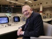 Gene Kranz, aerospace engineer, fighter pilot, an Apollo-era flight director and later director of NASA flight operations, sits at the console where he worked during the Gemini and Apollo missions at the NASA Johnson Space Center Monday, June 17, 2019, in Houston. “The impact is incredible,” Kranz, 85, said. With all the vacated seats, the room reminded him of a shift change when flight controllers would hit the restroom.