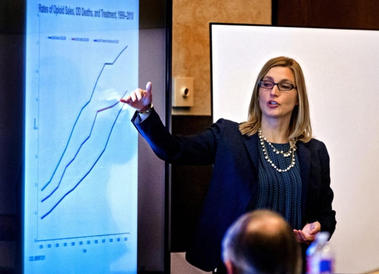 Terri White, Oklahoma Department of Mental Health and Substance Abuse Services Commissioner, speaks as a State’s witness during the opioid trial at the Cleveland County Courthouse in Norman, Okla. on Tuesday, June 25, 2019. The proceeding are the first public trial to emerge from roughly 2,000 U.S. lawsuits aimed at holding drug companies accountable for the nation’s opioid crisis.