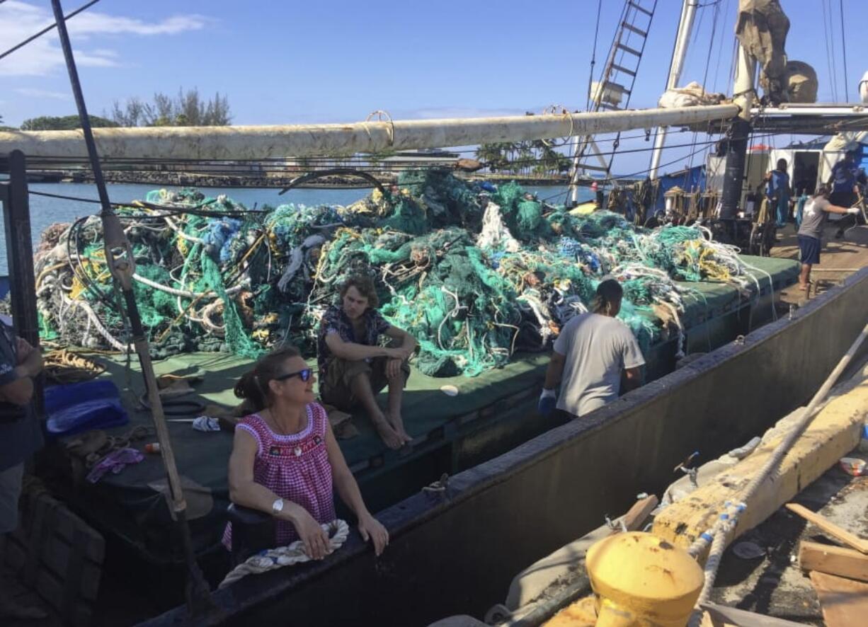 In this photo taken June 18, 2019, provided by the Ocean Voyages Institute, are nets brought in by the sailing ship Kwai from the Pacific gyre cleanup in Honolulu. Mariners on a sailing vessel hundreds of miles from the Hawaiian coast picked up more than 40 tons of abandoned fishing nets in an effort to clean a garbage patch in the Pacific Ocean, where the nets can entangle whales, turtles and fish and damage coral reefs. The crew of volunteers with the California-based nonprofit Ocean Voyages Institute fished out the derelict nets from a marine gyre between Hawaii and California known as the Great Pacific Garbage Patch during a 25-day expedition, the group's founder, Mary Crowley, announced Friday, June 28, 2019.