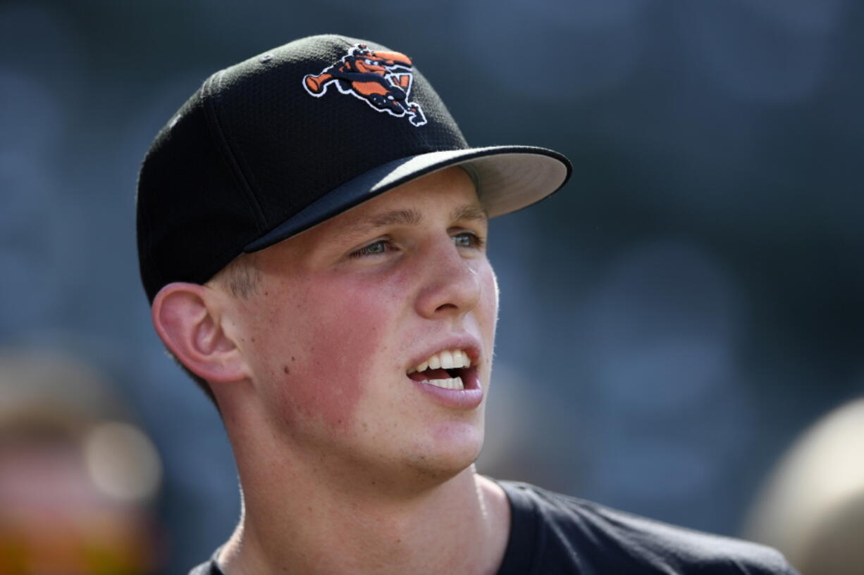 Baltimore Orioles first-round draft pick Adley Rutschman stands on the field during batting practice Tuesday.