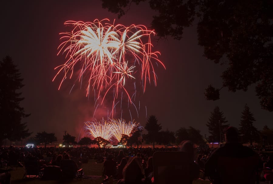 Fireworks light the night sky to the delight of the crowd Thursday evening during Fourth of July festivities at Fort Vancouver National Historic Site in 2019.