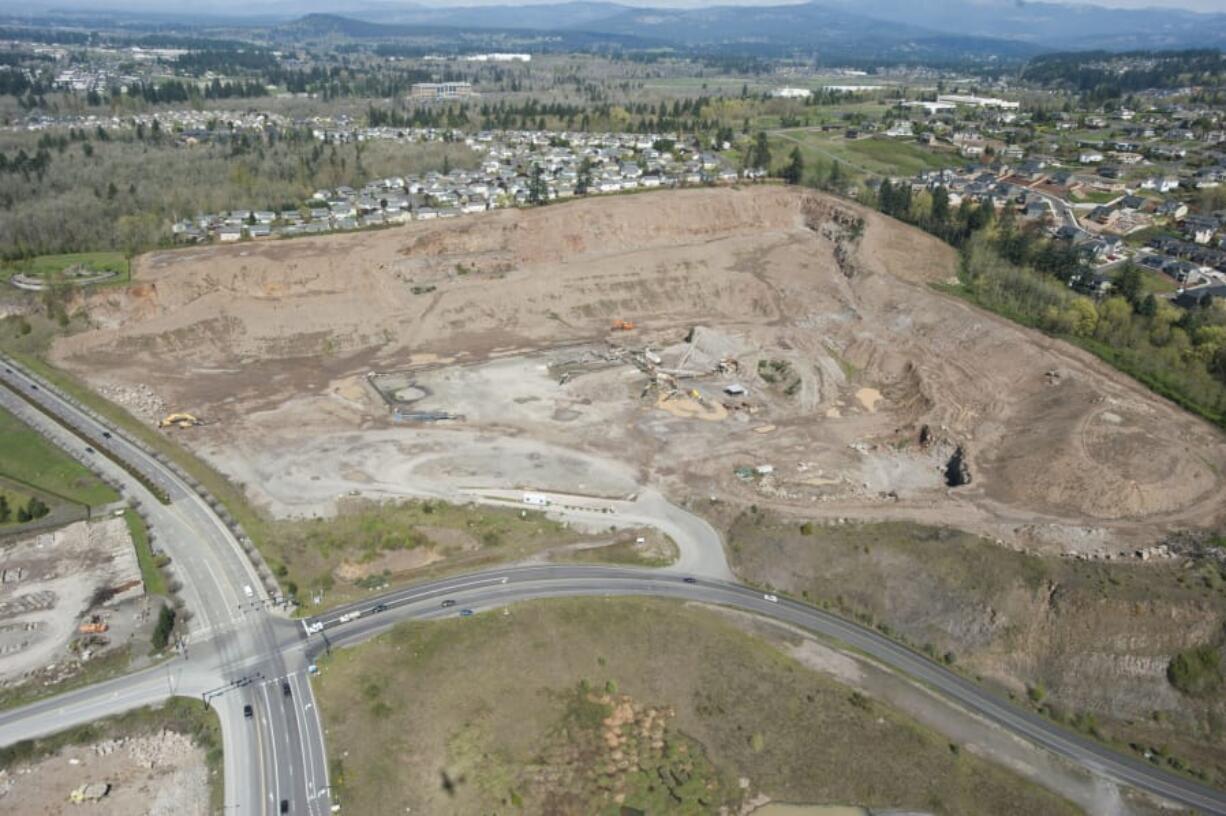 An aerial view of the old Fisher’s Quarry mine, just off of Exit 10 north of state Highway 14 in east Vancouver, as seen in March 2015. The rock quarry is the site of a new condominium development called Ledges at Columbia Palisades, which makes up one piece of an 84-acre redevelopment project.