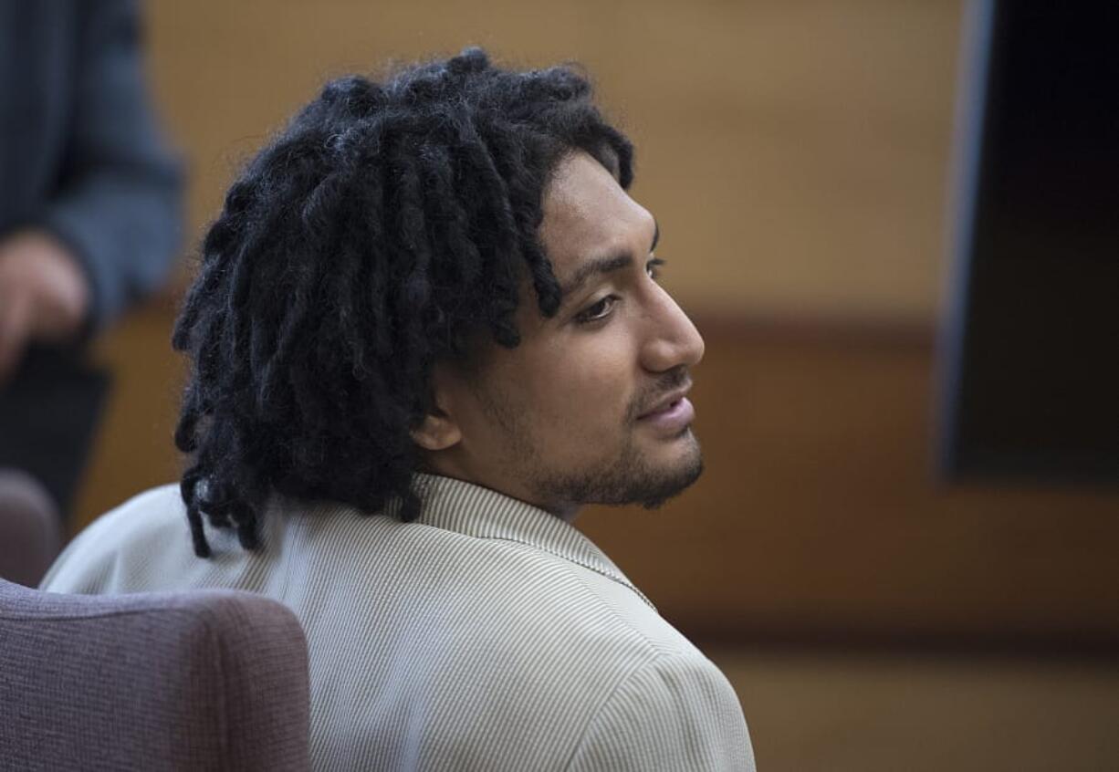 Thomas Leae, a Renton man accused in the shooting death of a Vancouver precious metals shop employee is seen during opening statements in his trial Tuesday morning in Clark County Superior Court.