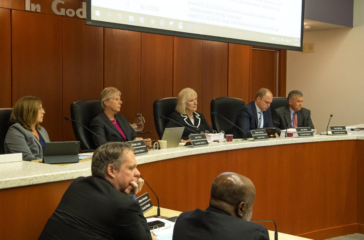 Clark County Councilors Temple Lentz, from left, Julie Olson, Eileen Quiring, John Blom and Gary Medvigy at a July 2 meeting.