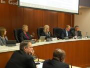 Clark County Councilors Temple Lentz, from left, Julie Olson, Eileen Quiring, John Blom and Gary Medvigy at a July 2 meeting.