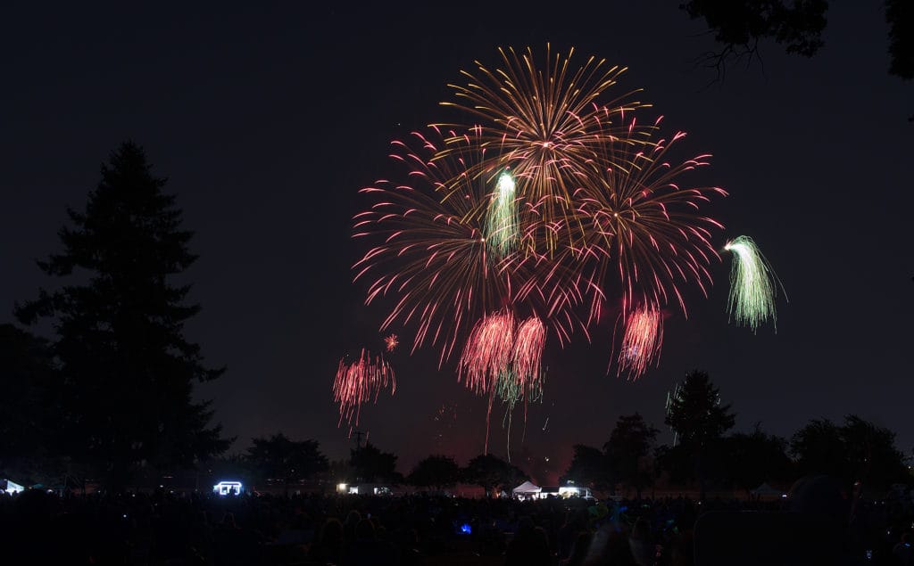 Fireworks light the night sky to the delight of the crowd during Fourth of July festivities at Fort Vancouver National Historic Site on Thursday evening, July 4, 2019.