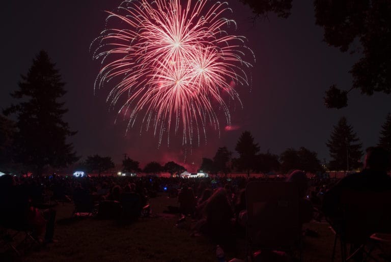 Fireworks light the night sky to the delight of the crowd during Fourth of July festivities at Fort Vancouver National Historic Site on Thursday evening, July 4, 2019.