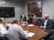 Candidates for Vancouver Public School Board of Directors Pos. 5, Scott Dalesandro, from left, Jennifer Hawks-Conright, Tracie Barrows and Chris Lewis meet with The Columbian’s Editorial Board last week. The candidates outlined their visions and priorities for Clark County’s second-largest school district during the meeting.