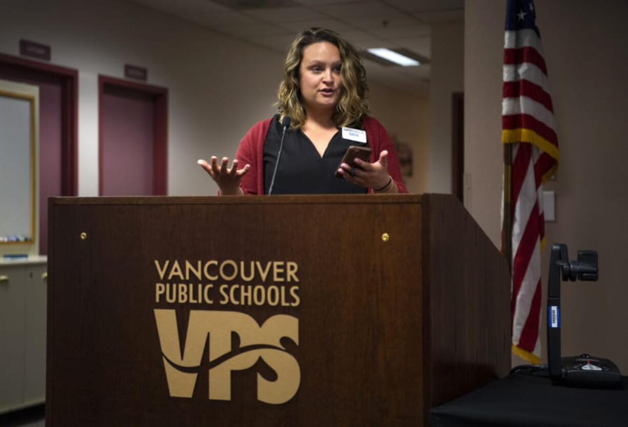 Kari Van Nostran, Vancouver Education Association president-elect, speaks Tuesday during the Vancouver Public Schools board meeting. She told the board it needs to better communicate with the community before making decisions.