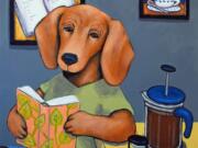 Courtesy Sue Clancy “Dear Readers,” an exhibit of comic artworks by Vancouver illustrator Sue Clancy, dreams up a world shared by two-legged and four-legged literature fans. It’s on display this month at Burnt Bridge Cellars in downtown Vancouver.