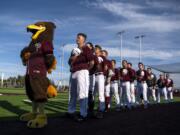 The Raptors line up for the National Anthem before the game against the Cowlitz Black Bears at the Ridgefield Outdoor Recreation Complex on Friday night, July 12, 2019.