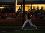 The Ridgefield Raptors' Michael Hicks (31), shown here on Friday, hit a home run on Saturday against the Cowlitz Black Bears.