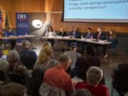 Vancouver City Council Position 6 candidates Diana Perez, from left, Jeanne Stewart, Paul Montague, Adam Aguilera, Mike Pond and Sarah Fox speak during a forum held by the League of Women Voters of Clark County on Wednesday evening at the Vancouver Community Library. Not pictured is Dorel Singeorzan, who was unable to attend.