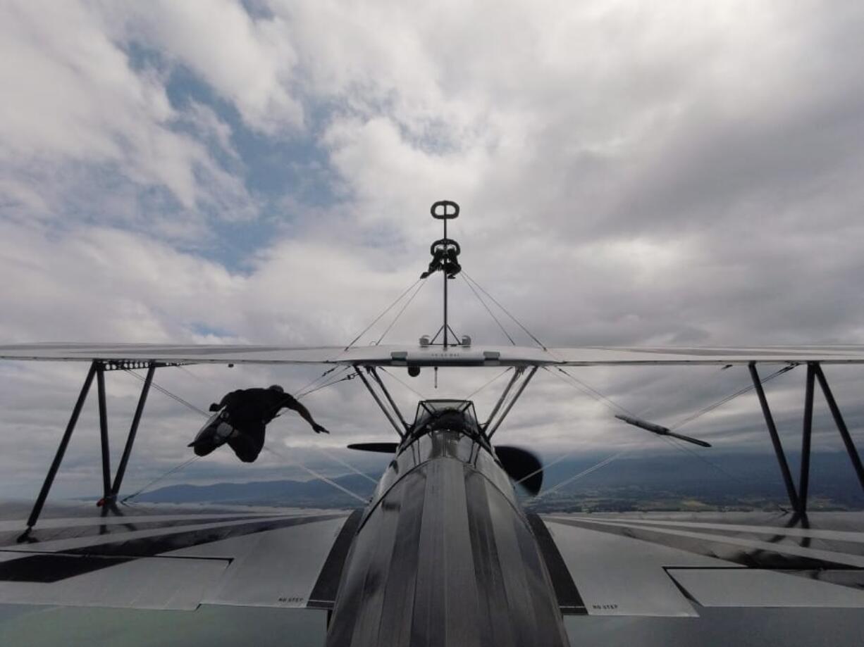 Riveridge: Dave Clark of Vancouver celebrated his 70th birthday with a trip to the Mason Wing Walking Academy in Sequim to take a ride on the wing of an airplane.