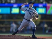 AquaSoxís Damon Casetta-Stubbs (34) delivers a pitch in the bottom of the third inning against the Hillsboro Hops at Ron Tonkin Field on Tuesday evening, July 30, 2019.